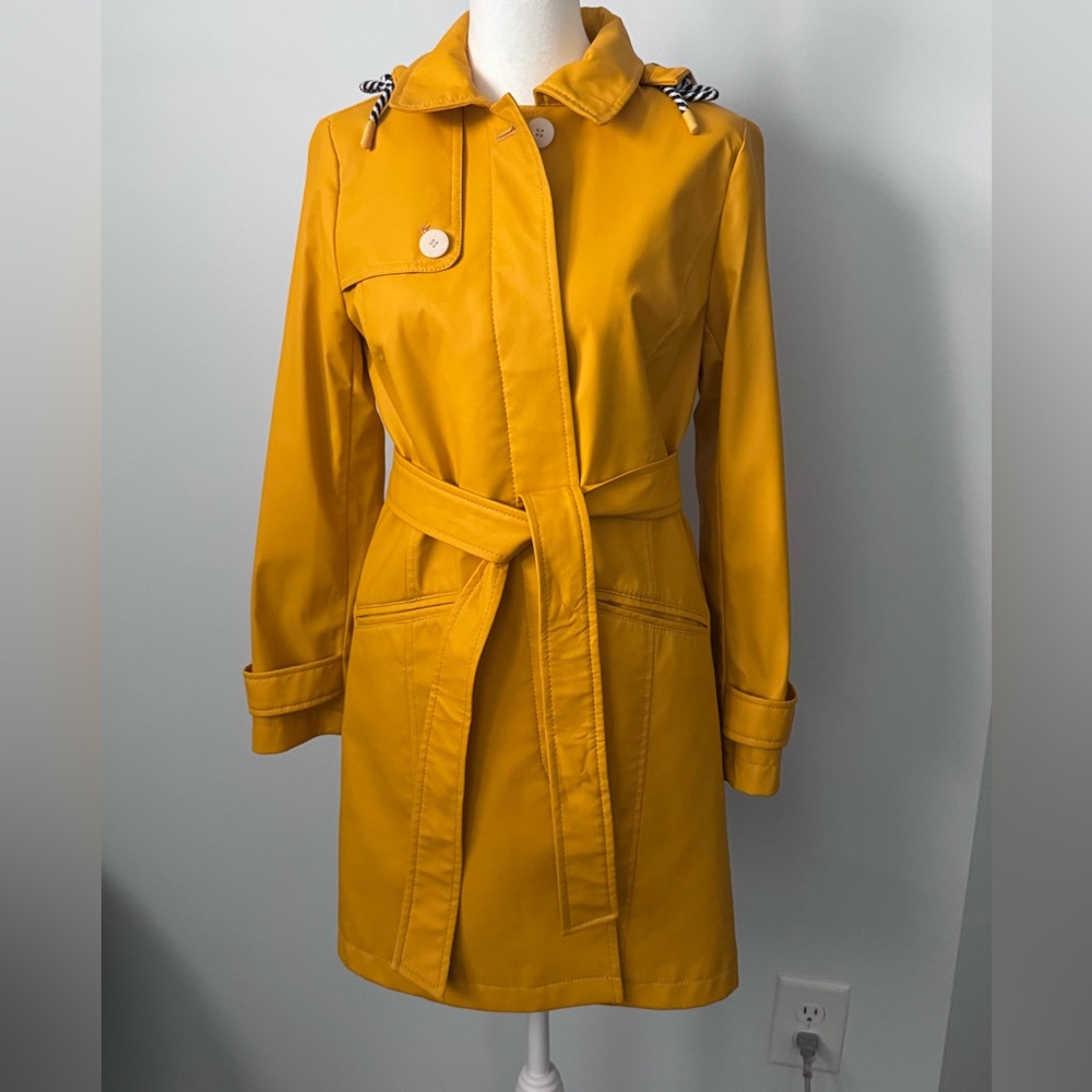 Talbots Yellow Trench Coat, Belted Raincoat with Detachable Hood Size P